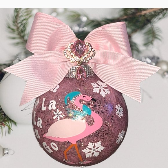 Pink Flamingo Glitter Christmas Tree Ornament, Customized Personalized, Holiday - Picture 4 of 16